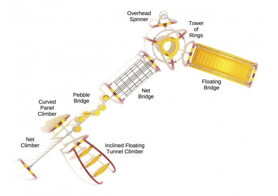Overhead view of colorful playground fitness course with floating bridge, tower of rings, overhead spinner, net bridge, pebble bridge, net climber, and tunnel climber