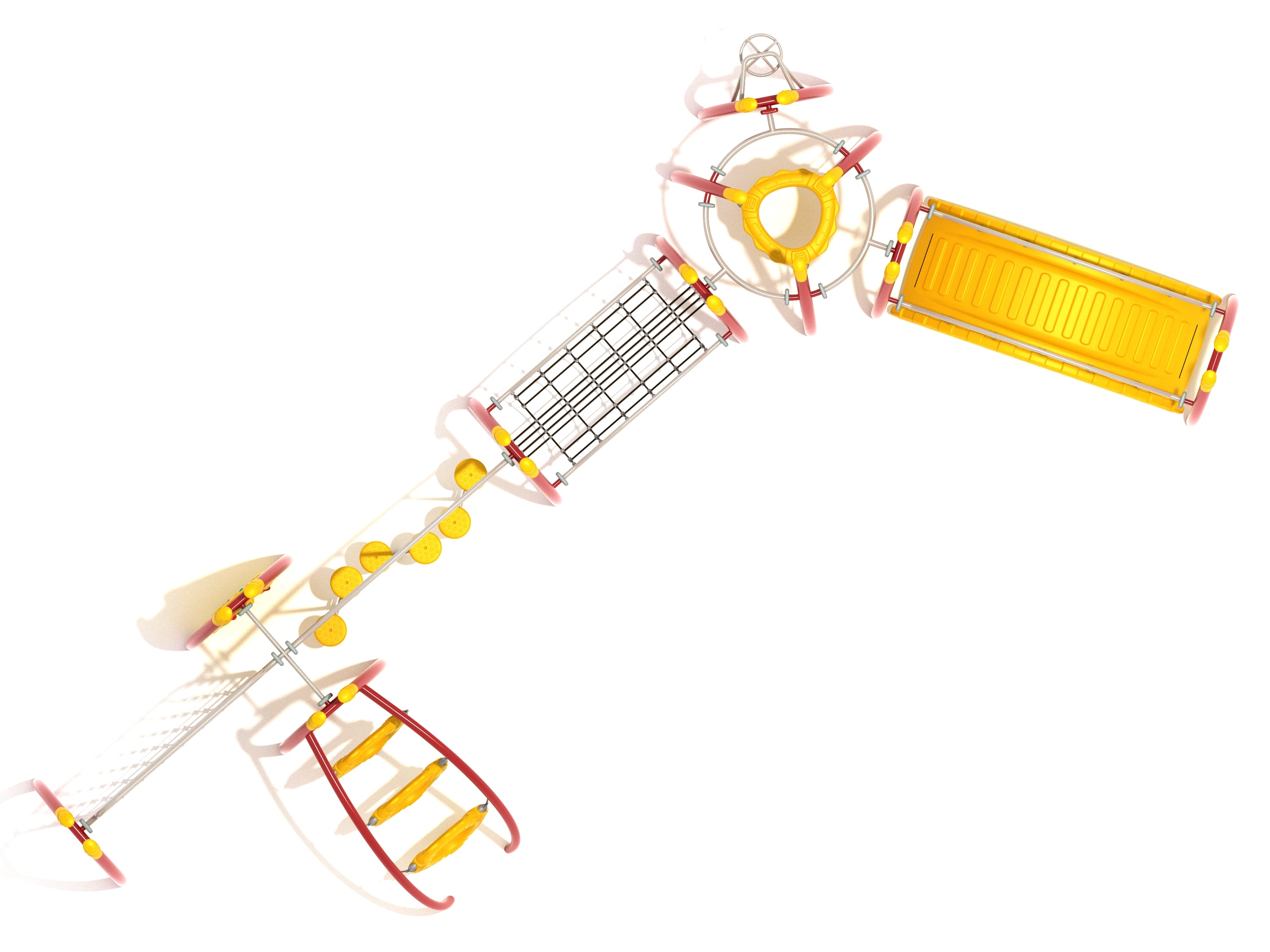 Overhead view of colorful red and yellow playground fitness course with bridges, climbers, and spinner above ground level