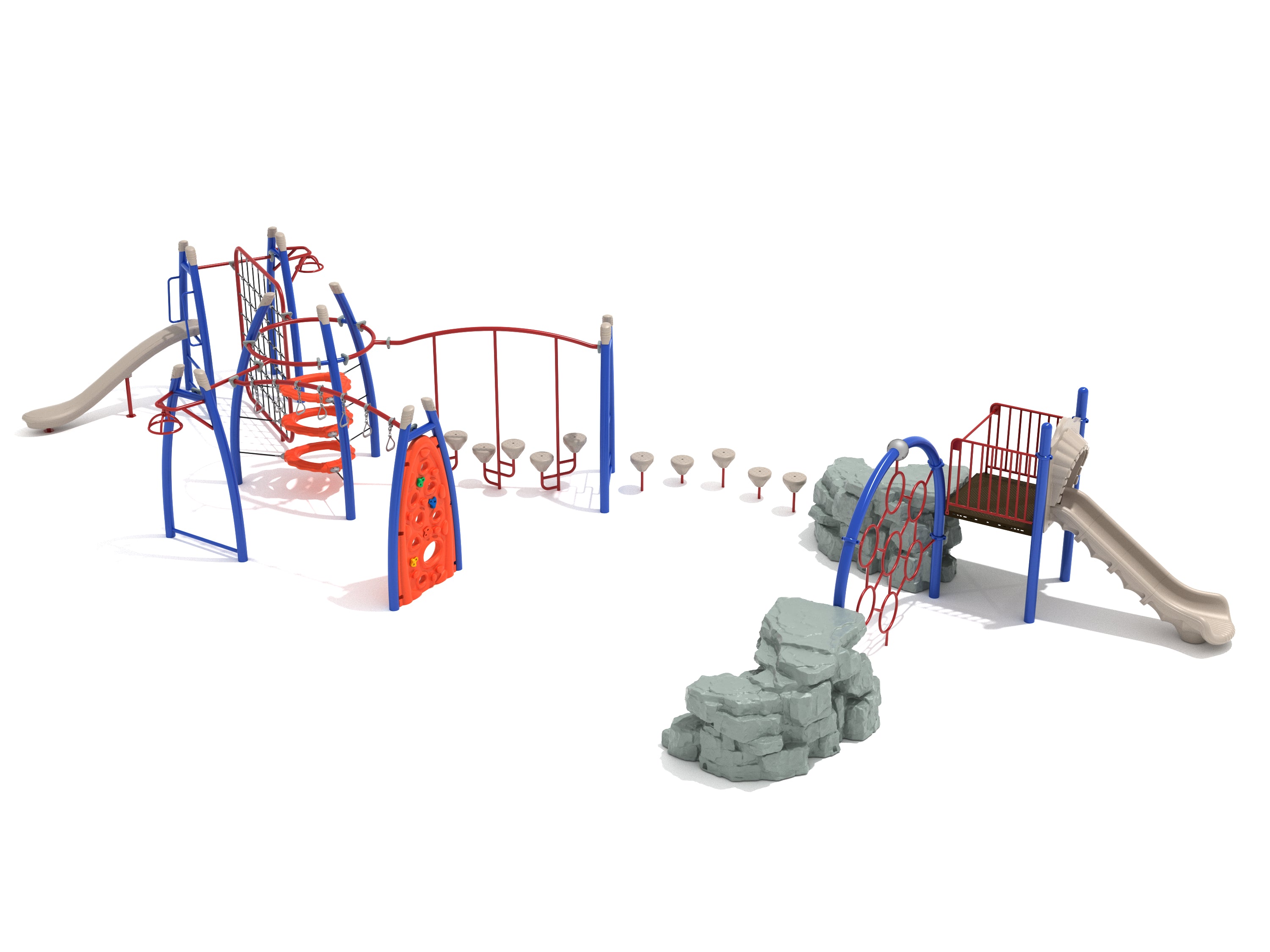 Lawndale Fitness Course Playground with blue and red climbing structures, slides, rock-like boulder climbers, and overhead spinners