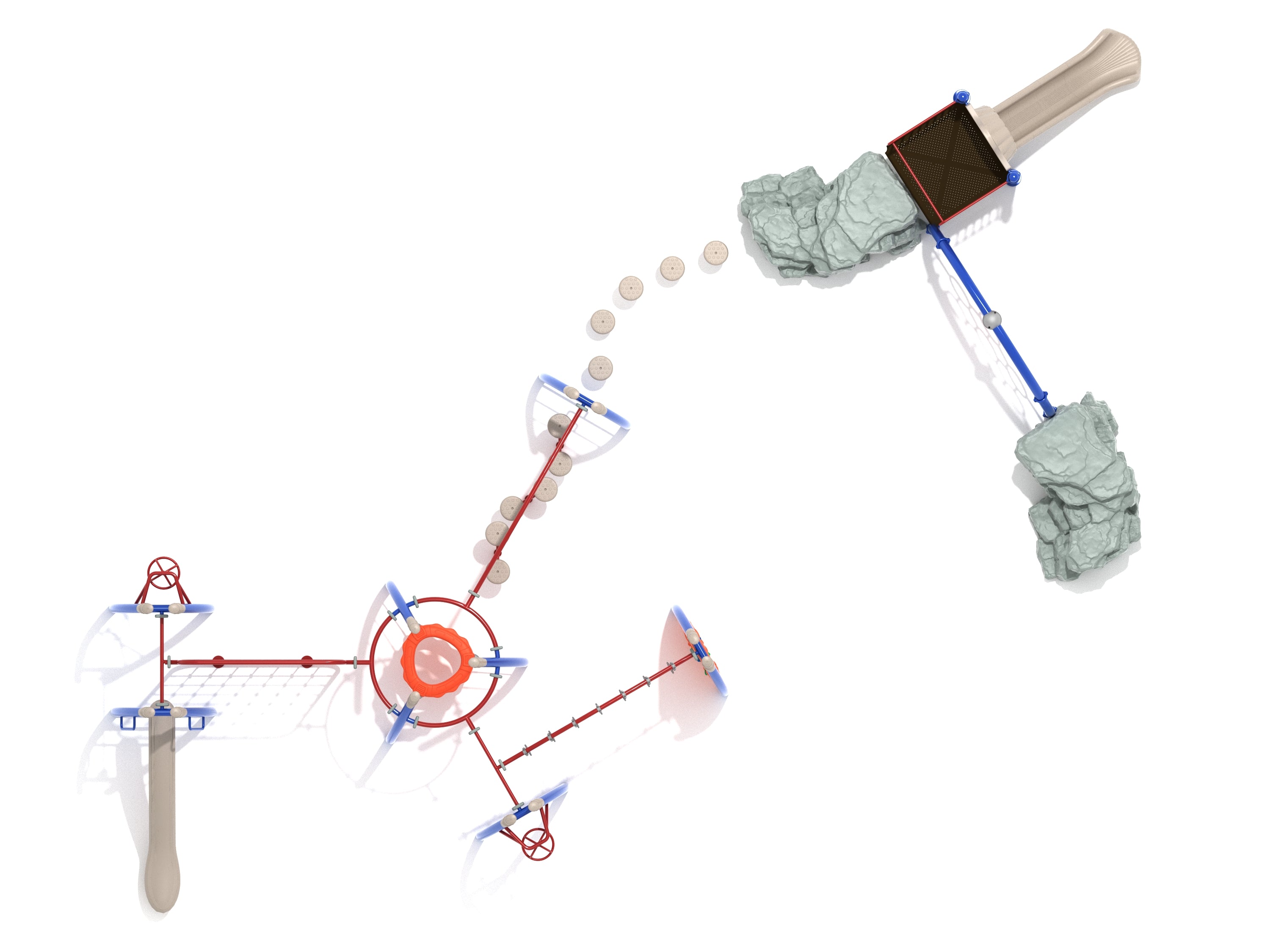 Overhead view of modern playground with slides, climbers, spinners, net climber, and red and blue connecting frames