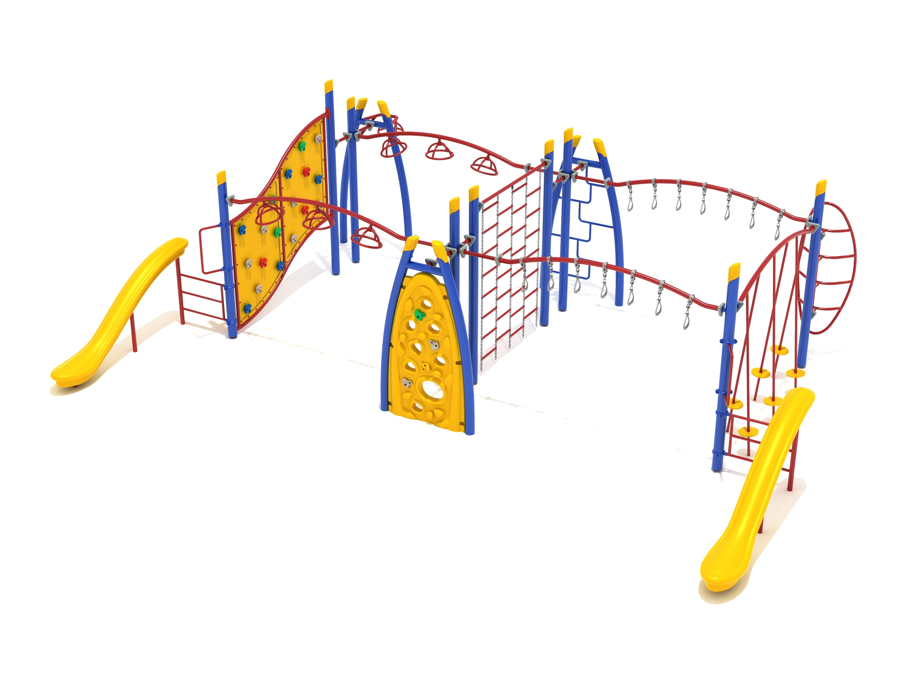 Whitney Fitness Course Playground with symmetrical blue and red climbing structures, yellow saddle slides, curved overhead swinging ring ladders, and overhead spinners.