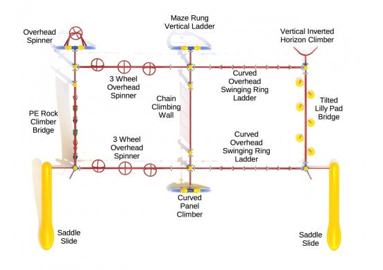 Overhead view of symmetrical playground obstacle course with curved swinging ring ladders, overhead spinners, climbing walls, and saddle slides