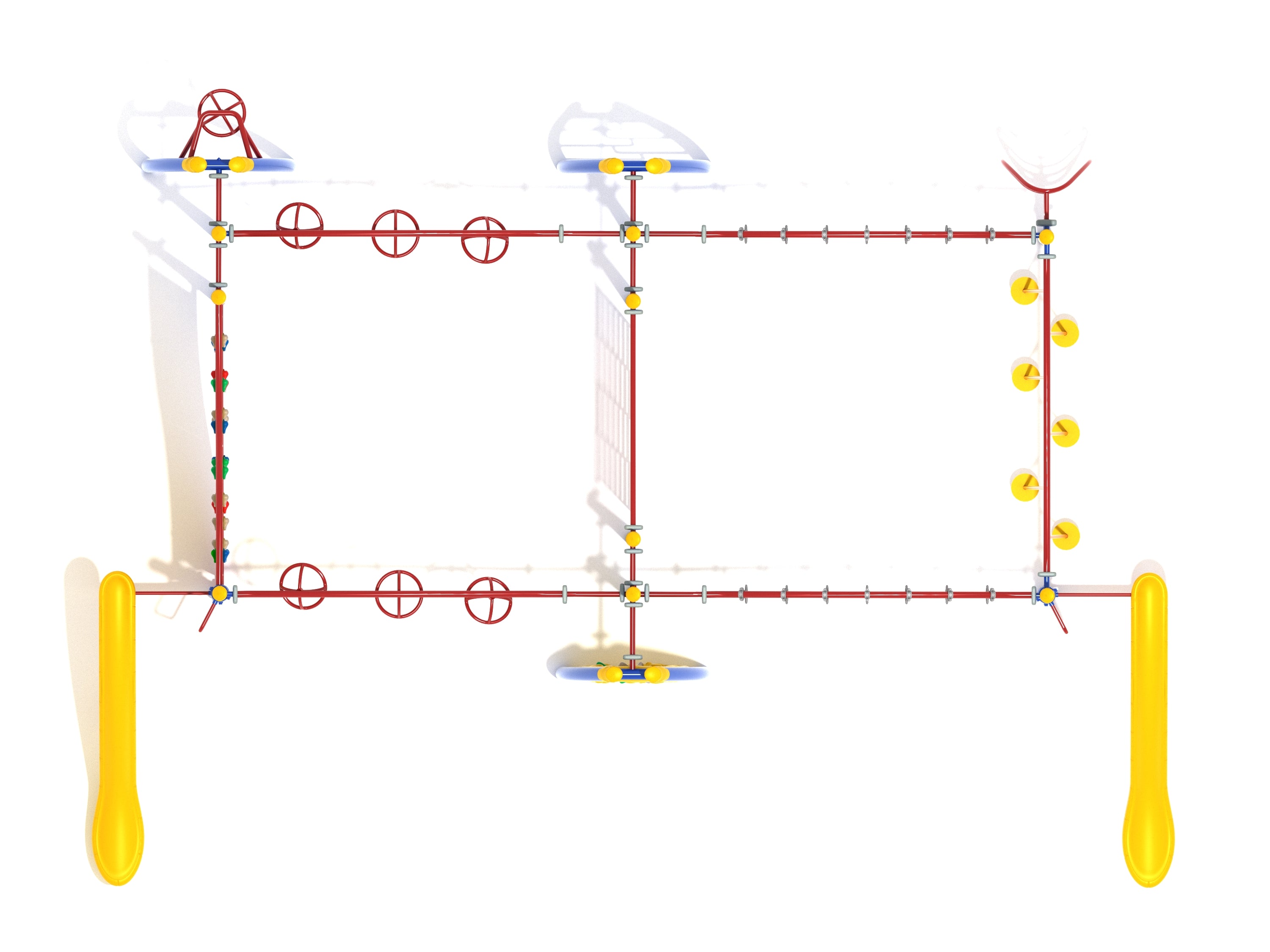 Overhead view of symmetrical playground fitness course with red climbing structures, yellow saddle slides, curved overhead swinging ring ladders, and spinning rings