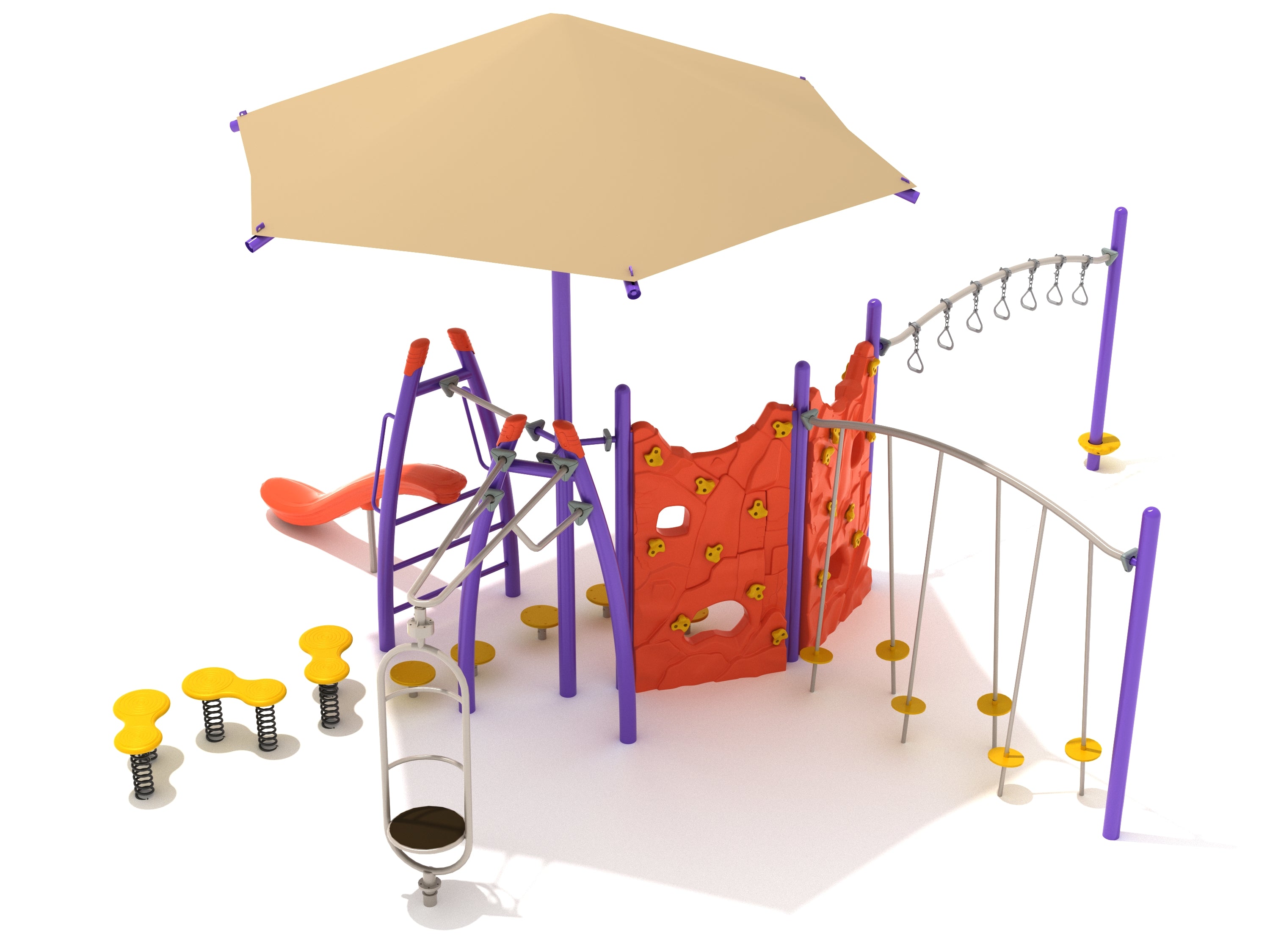 Sequoia Crest Fitness Course Playground with purple posts, orange climbing walls, yellow spring steps, and tan hex shade canopy