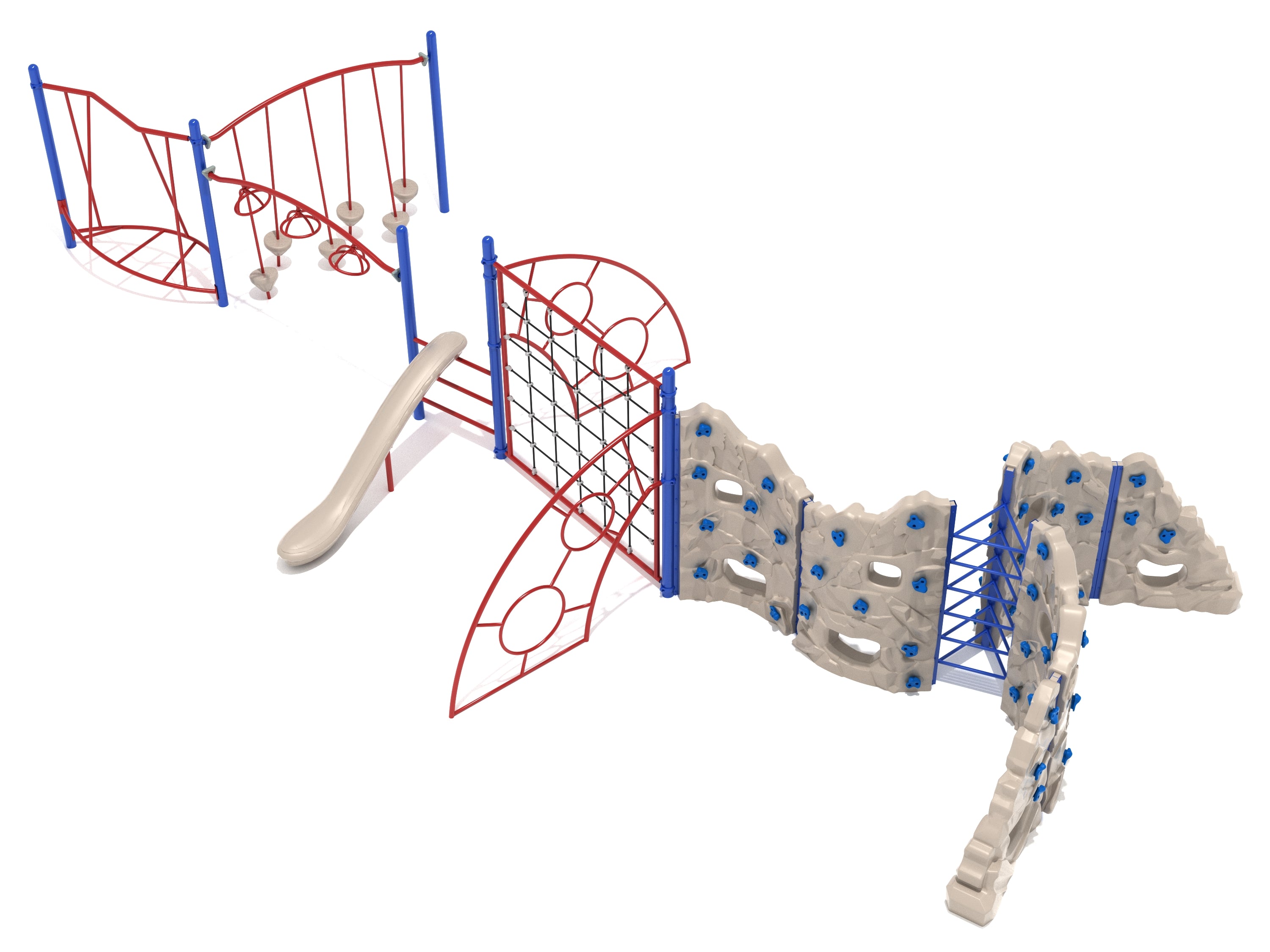 Thunder Basin Fitness Course Playground with red and blue climbing structures, beige saddle slide, and net climbers