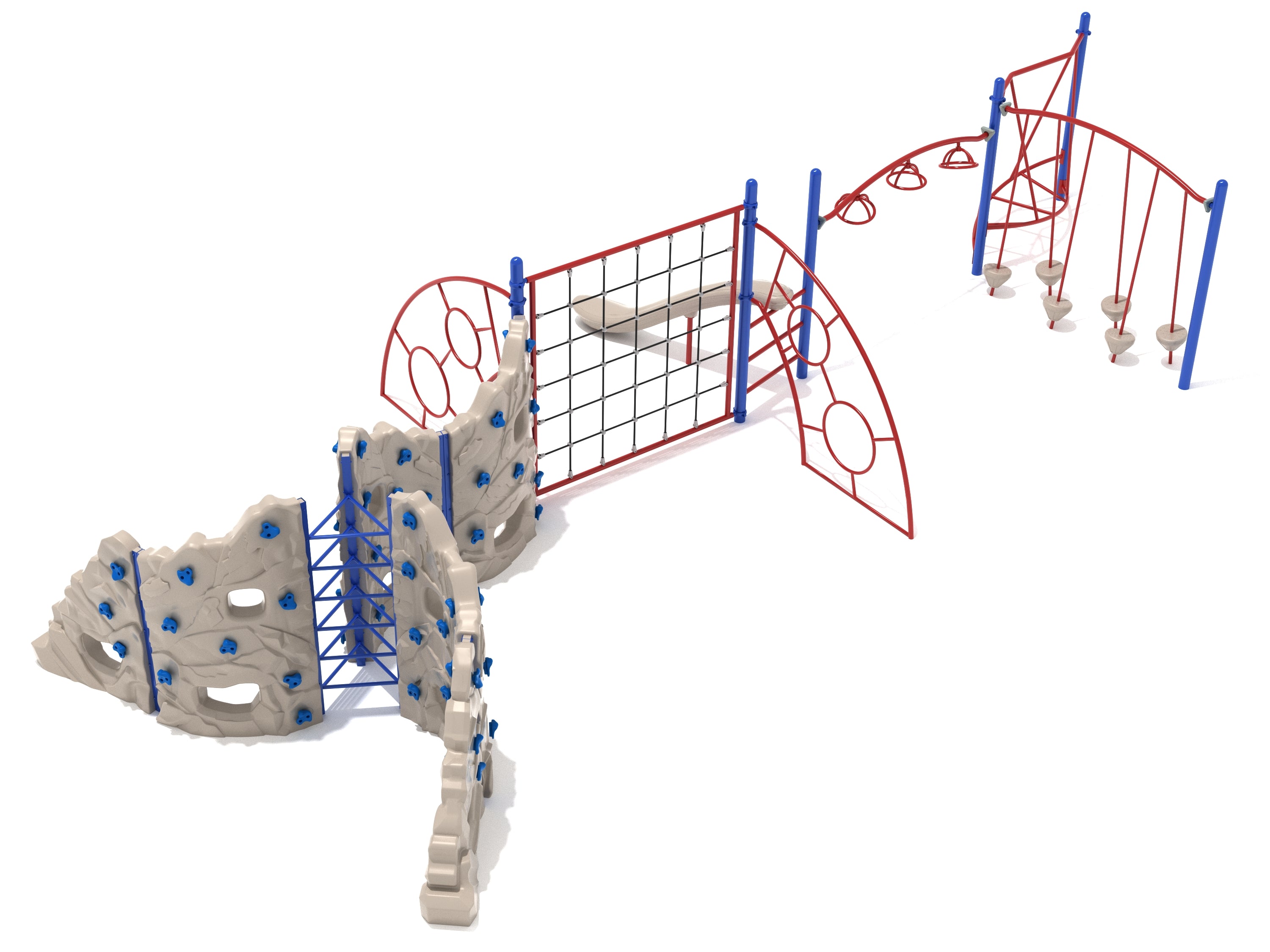 Outdoor playground obstacle course with rock climbing walls, net climber, overhead spinner, and suspended stepping pods