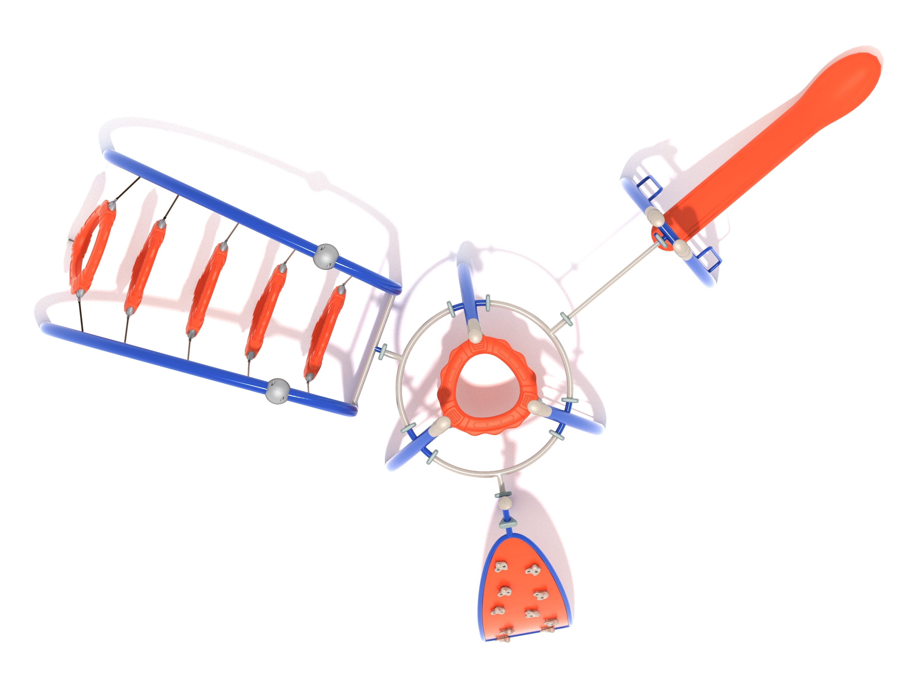 Overhead view of playground fitness course with blue and orange suspended rings, climbing wall, and saddle slide