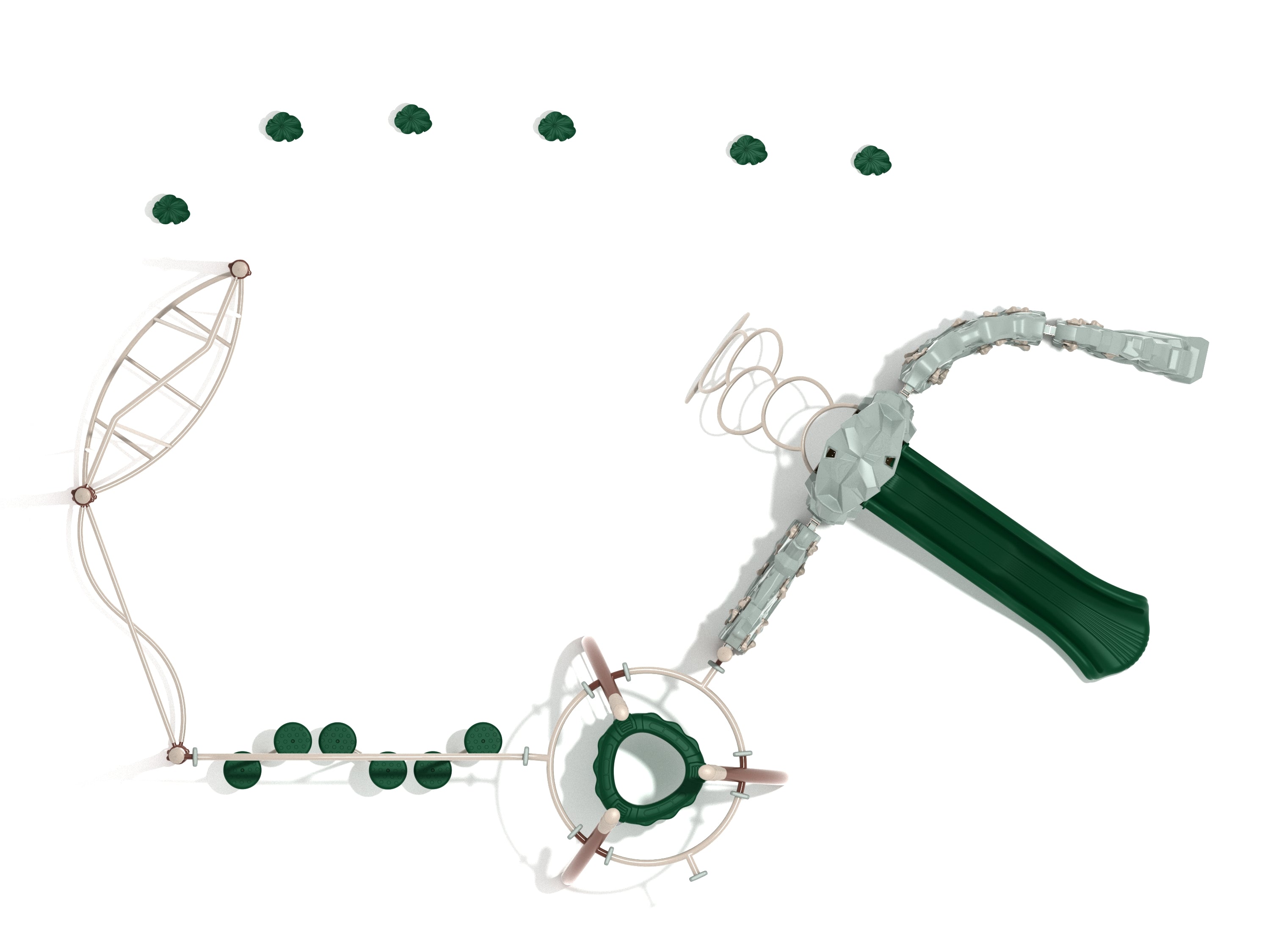 Overhead view of a green and beige playground fitness course with stepping stones, curved bars, balance bridges, climbing rings, and a slide