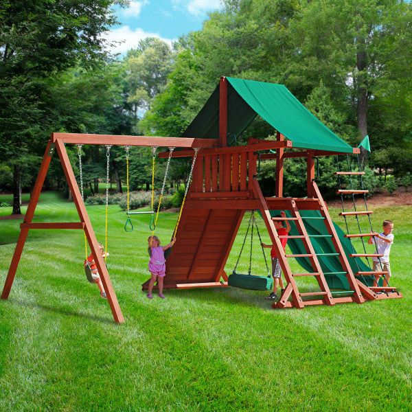 Sun Valley Extreme Wooden Swing Set - Green Vinyl Canopy | WillyGoat Playground & Park Equipment