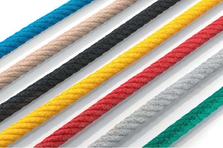 Colorful climbing ropes in blue, beige, black, yellow, red, gray, and green for playground balancing equipment.