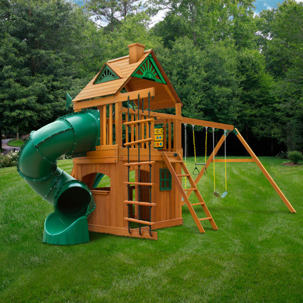 Mountaineer Clubhouse AP Wooden Swing Set - Standard Wood Roof | WillyGoat Playground & Park Equipment